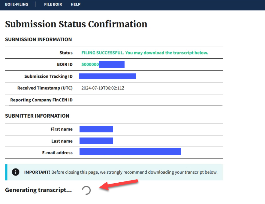 BOI Generating Transcript